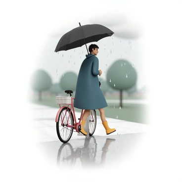 A person, wearing a dark blue raincoat and yellow rubber boots, is walking alongside a bicycle with a red frame. The person is holding a large black umbrella that is partially open, shielding them from the gentle rain. Raindrops are visible falling around them, creating small splashes on the wet pavement. The background features blurred greenery, indicating a park setting, with soft gray clouds overhead. The bicycle has a basket attached to the front, and the person's hair is slightly damp from the rain.