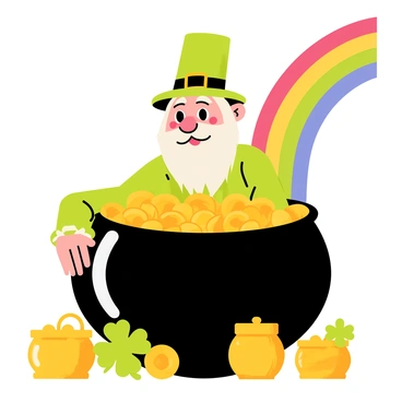 A leprechaun with a bright green coat and a tall, pointed hat is peering into a large black cauldron. The cauldron is filled to the brim with shimmering gold coins that reflect light in various shades of yellow and orange. The leprechaun has a mischievous expression on his face, with a long white beard and rosy cheeks. Surrounding the cauldron are several four-leaf clovers and small pots of gold, enhancing the magical atmosphere. A rainbow arches in the background, leading to the cauldron, completing the scene.