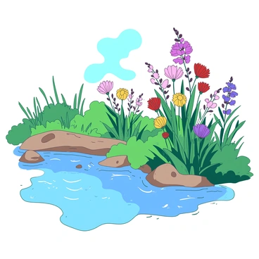 A mix of vibrant wildflowers in various colors is blooming along the banks of the Jordan River. The flowers are swaying gently in the breeze, their petals catching the sunlight. The river flows peacefully beside them, reflecting the blue sky above. In the background, there are green grasses and small rocks scattered along the water's edge, creating a natural and lively scene.