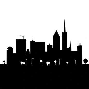 A striking silhouette of a city skyline against a backdrop of a gradient sky that transitions from light to dark. The skyline features tall buildings with varying heights and shapes, including skyscrapers and architectural landmarks. The outlines of antennas and rooftop structures reach towards the sky. The ground below is depicted with scattered trees and streetlights. The scene conveys the transition from day to night.
