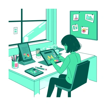 A teal digital artist is sitting at a white desk, working on a large digital tablet. The artist has short black hair and is focused on creating a vibrant, interactive illustration that will replace a static picture in a mobile app. Surrounding the artist are various art supplies, including colorful markers and sketchbooks, while a laptop with an open design software application displays the ongoing work. The room is filled with soft natural light coming from a nearby window, and creative sketches can be seen pinned to a corkboard on the wall.