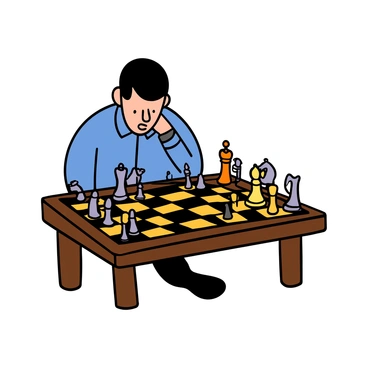 A chess player with light skin and short dark hair is sitting at a wooden table, deeply focused on a chessboard. The chessboard is made of alternating dark and light squares, with various pieces meticulously arranged in strategic positions. The player is wearing a blue shirt and has a serious expression as they gaze at the board, contemplating their next move. There are several pieces in mid-game, including knights, bishops, and rooks. The setting is bright, with a soft light illuminating the scene and casting gentle shadows on the table.