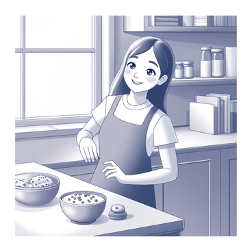 A girl standing at a wooden kitchen counter, smiling as she prepares cookie dough. She is wearing an apron and has flour dusting her cheeks and hands. A mixing bowl is in front of her, filled with vibrant ingredients like chocolate chips and nuts. Behind her, shelves are lined with jars of baking supplies and cookbooks. A window allows natural light to fill the room, highlighting the warm wood tones of the kitchen cabinets and the inviting atmosphere. The scent of freshly baked cookies is implied in the setting.