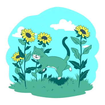 A teal tom kitten is frolicking happily through a field filled with tall yellow sunflowers that tower above it. The sunflowers are positioned in various orientations, with some facing the sun and others slightly swaying in the gentle breeze. The bright blue sky provides a vivid backdrop, dotted with a few fluffy white clouds. The kitten's fur glistens in the sunlight as it playfully leaps between the sunflowers, its tail raised high in excitement.