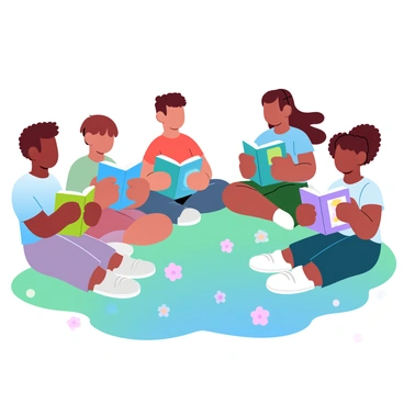 A group of diverse children is sitting in a circle on a vibrant grassy surface. Each child is holding a colorful book, their attention focused on the pages. There are three boys, one with curly hair and another with straight hair, and two girls, one with braided hair and another with short hair. The books are in various colors, featuring bright illustrations on the covers. Around them, there are scattered toys and a few flowers dotting the grass. A sense of joy and curiosity fills the scene.