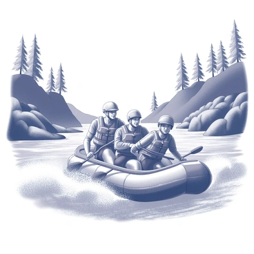 A group of adventurers is navigating a fast-flowing river on a sturdy inflatable raft. The raft is filled with four individuals, each wearing safety helmets and life jackets. They are engaging with the wild currents, with splashes of water spraying around them. The expressions on their faces reflect excitement and concentration as they paddle vigorously. Surrounding the river are steep, rocky banks adorned with a mix of sparse vegetation and tall trees, framing the dynamic scene. Above, the sky is clear, allowing sunlight to illuminate the thrilling adventure taking place.