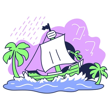 A wooden ship is facing a tropical storm at sea. The ship has large, billowing sails taut against the fierce wind. Waves crash against the hull, splashing water in every direction. In the background, dark storm clouds gather ominously over the horizon. To the side, palm trees bend significantly under the force of the wind, their fronds violently swaying. The sky appears chaotic, with streaks of rain falling heavily toward the ground. The overall atmosphere is intense and dynamic, capturing the struggle of the ship against the elements.