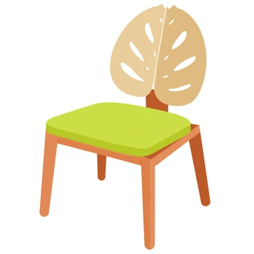 A modern chair with a sleek design featuring a backrest shaped like a "monstera leaf." The chair has a smooth, polished wooden frame and a comfortable cushioned seat in a soft green fabric. The monstera leaf backrest is large and detailed, showcasing its iconic perforated leaf pattern. The chair stands on four sturdy legs and is positioned on a simple white background to highlight its unique shape.