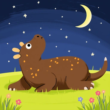 The Gruffalo is lying on his back in a wide-open field, looking up at the night sky. He has a deep brown, textured body with orange spots and large, soft horns on his head. His big eyes are wide open in wonder as he gazes at the twinkling stars. Surrounding him is vibrant green grass that sways gently in the night breeze. A few colorful wildflowers are scattered throughout the field, adding splashes of color. The sky is filled with bright stars and a glowing crescent moon, illuminating the scene softly.
