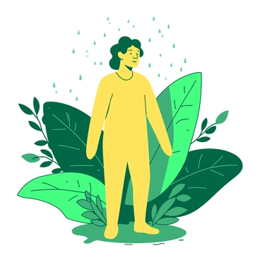 A yellow onathappan figure is standing amidst lush green foliage, adorned with small white raindrops glistening on its surface. The figure is positioned centrally, while delicate leaves and vibrant plants frame it, creating a natural backdrop. Above, a gentle rain is falling, with droplets caught in the air around the figure, enhancing the serene atmosphere of the scene. The ground is slightly damp, reflecting the greenery around, and the overall scene conveys a sense of tranquility and connection to nature.