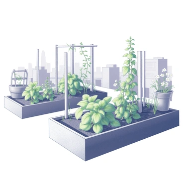 A rooftop garden in an urban setting. The garden features a variety of plants arranged in raised beds and pots. Some of the plants are being staked with wooden or metal supports to promote growth stability. The scene includes green leafy plants climbing up the stakes. There are small trellises in the background supporting flowering vines. A view of the city skyline is visible in the distance, adding context to the garden's location. The overall composition highlights the contrast between the natural elements of the garden and the concrete structures of the city.