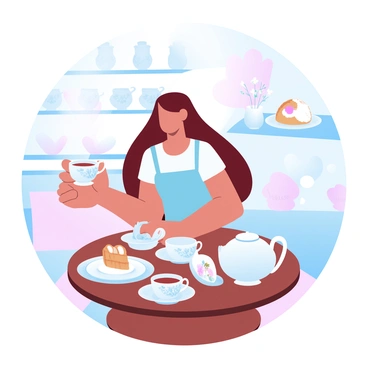 A young woman with long brown hair is seated at a small, round wooden table in a charming teahouse. She is holding a delicate porcelain teacup with floral patterns, steaming tea visible inside. Surrounding her are various fine teacups, each uniquely designed, and an assortment of pastries displayed on intricate china plates. The atmosphere is cozy, with soft, pastel colors decorating the walls and furnishings. A teapot sits on the table, matching the teacups, while a vase of small flowers adds a touch of elegance to the scene.