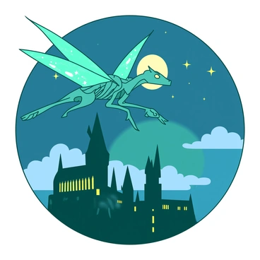 A teal Thestral with delicate, translucent wings is soaring through the night sky over Hogwarts. The creature is gliding effortlessly, with its skeletal body outlined against the backdrop of the shimmering stars. Below, the silhouette of the Hogwarts castle is visible, with its turrets and towers reaching towards the moonlit sky. The castle's windows emit a warm yellow light, suggesting life within. Wisps of clouds drift in the background, enhancing the sense of night. The Thestral's eyes are bright, scanning the landscape as it flies.