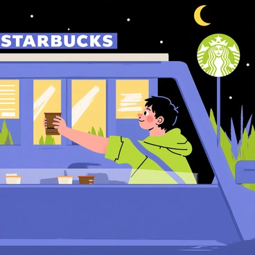 A person grabbing a late-night coffee at a 24-hour Starbucks drive-thru