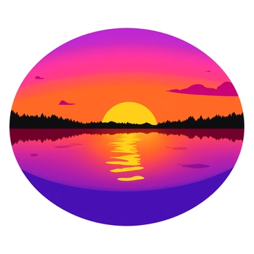 A dramatic sunset showcasing vibrant hues of "orange," "pink," and "purple" fills the sky. The colors reflect beautifully on the surface of a "calm lake," creating a mesmerizing pattern of light. Silhouettes of distant trees line the horizon, adding depth to the scene. Gentle ripples disturb the water, enhancing the serene atmosphere. A few wispy clouds float across the sky, catching the warm tones of the setting sun.