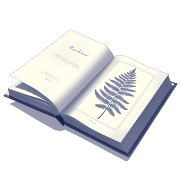 An antique botanical book is opened on a surface, revealing a detailed vintage illustration of a fern. The pages are slightly yellowed and textured, indicating age. The fern illustration occupies a large portion of the right page, showcasing its intricate leaf structure and fine details. Nearby, a delicate border frames the illustration, with small annotations in an elegant script describing the fern species. Soft shadows fall across the pages, enhancing the vintage feel of the scene.