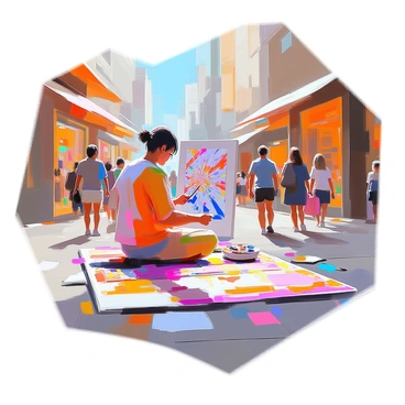 A street artist with dark hair and wearing a colorful outfit is sitting on the pavement, surrounded by a bustling city. They are focused on painting a vibrant rug design that features intricate patterns and bright colors. The artist has a palette of paints beside them, and paintbrushes are scattered around. People are walking by, some stopping to watch, while tall buildings and shops can be seen in the background, creating a lively urban atmosphere. Sunlight casts shadows, highlighting the details of the painted design.