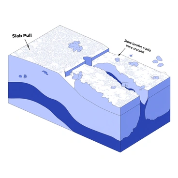 A detailed illustration of seafloor spreading is shown. The image features tectonic plates moving apart at the mid-ocean ridge, with magma rising from the mantle to create new oceanic crust. There are clear visual representations of the newly formed crust, showcasing its rugged texture. On one side, there is a descending tectonic plate depicting slab pull, moving downward into the mantle. The surroundings include geological features such as underwater vents and rugged terrain along the ocean floor, highlighting the dynamic process of plate tectonics and the formation of new crust.