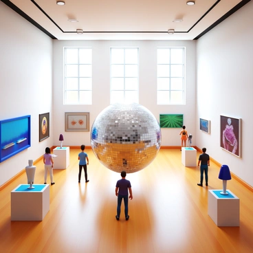 A spacious art gallery with white walls and sleek wooden floors. In the center of the gallery, there is a giant rotating disco ball, reflecting light in various directions. The disco ball has a mosaic pattern of mirrored squares, creating a dazzling effect. Surrounding the disco ball are various contemporary art pieces displayed on pedestals and hung on the walls. Natural light streams in through tall windows, adding to the vibrant atmosphere of the gallery. Visitors can be seen admiring the artworks, interacting with the space in a lively manner.