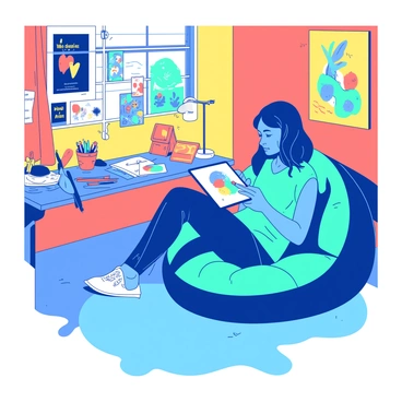 A vibrant blue teenager is seated on a comfortable teal beanbag chair, focused on a sleek tablet resting on their lap. The tablet screen displays vivid colors as the teenager sketches a whimsical illustration. Surrounding them, the colorful bedroom features walls painted in bright shades of yellow and orange, adorned with posters of famous digital artists and abstract designs. A desk in the corner is cluttered with art supplies, including markers, sketchbooks, and paint tubes. A soft, warm light from a desk lamp illuminates the scene, creating a cozy atmosphere filled with creative energy.