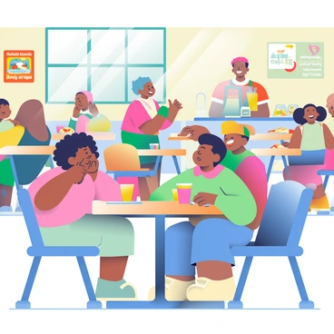 A 3D school cafeteria is filled with students enjoying their lunch. There are wooden tables and plastic chairs arranged throughout the space, some of which are occupied by groups of students chatting and laughing. In the foreground, a diverse group of students, including a girl with curly black hair and a boy with light brown hair, are sharing a pizza and drinking juice from colorful cups. In the background, a lunch line is formed at the food counter where a staff member is serving trays of food, including vegetables and fruit. The cafeteria has large windows allowing sunlight to stream in, illuminating the busy atmosphere. Brightly colored posters hang on the walls, showcasing school events and promoting healthy eating.