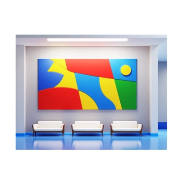 A company lobby with a spacious layout. There is a large, colorful abstract art installation dominating one wall. The installation consists of various geometric shapes and vibrant colors, including red, blue, yellow, and green. Below the artwork, there are modern seating arrangements with sleek, contemporary furniture. Soft lighting enhances the colors of the installation, creating a welcoming atmosphere. The lobby has a polished floor that reflects the art installation, adding depth to the scene.
