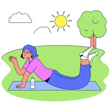 A person with medium-length hair is lying on a yoga mat, performing heel slides. The mat is placed on soft green grass in a sunny park. The person is wearing comfortable athletic clothing, and there are a few trees in the background casting dappled shadows on the ground. The sun is shining brightly, creating a warm atmosphere. A small water bottle is resting next to the mat.