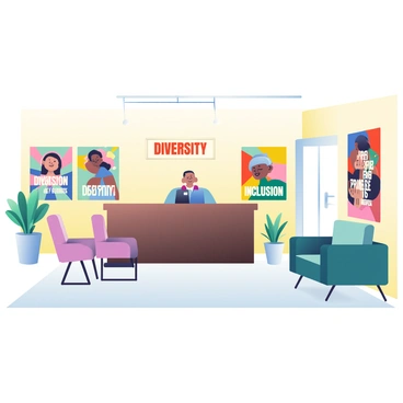 An office lobby features a spacious layout with modern furnishings. On the walls, there are several colorful posters promoting "diversity" and "inclusion." Each poster displays vibrant imagery and bold text emphasizing different aspects of diversity. The lobby has a large reception desk made of dark wood, and behind it, a friendly receptionist is smiling and greeting visitors. There are comfortable seating areas with contemporary chairs and small tables arranged throughout the space. Potted plants are strategically placed, adding greenery to the environment. Soft lighting illuminates the area, creating a welcoming atmosphere.