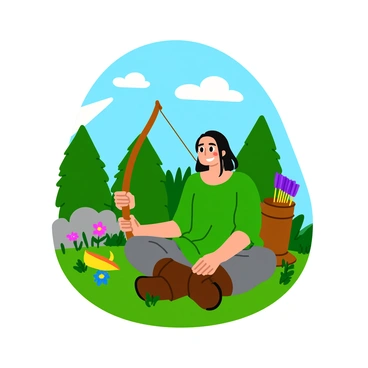 An archer sitting cross-legged on the ground, wearing a green tunic and brown leather boots. The archer has long black hair tied back and a focused expression on their face. Next to them, a wooden bow rests against a tree, with a quiver of arrows lying on the grass. Lush green trees and colorful wildflowers surround the archer, while a clear blue sky is visible above. Sunlight filters through the leaves, casting dappled shadows on the ground around the meditating figure.