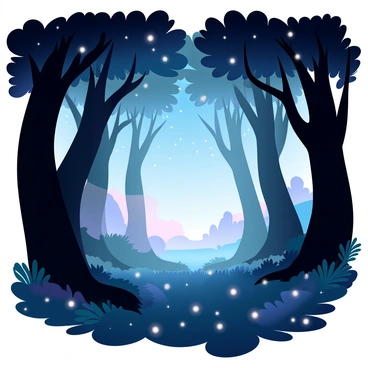 A dark forest is filled with towering trees, their silhouettes stark against the twilight sky. Fireflies are scattered throughout the scene, their soft glowing lights creating a magical atmosphere. The ground is covered in a carpet of leaves and moss, adding to the natural setting. Dusk casts a gradient of pastel colors across the horizon, transitioning from deep blue to soft lavender. The gentle movement of the fireflies contrasts with the stillness of the forest, enhancing the enchanting moment.