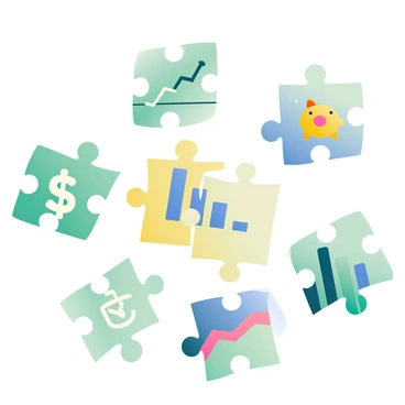 A collection of puzzle pieces is scattered across a light surface. Each puzzle piece features distinct financial symbols, including a dollar sign, a bar graph, a piggy bank, and a line chart. The pieces are in vibrant colors like green, blue, and yellow. Some pieces are tilted, suggesting a playful arrangement. In the center, a few pieces are interlocking to form a complete image that represents a financial concept, with edges perfectly aligned. The background has a smooth gradient, enhancing the focus on the colorful puzzle pieces.