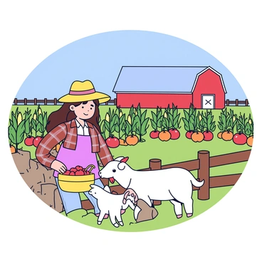 A woman with long brown hair, wearing a straw hat and a plaid shirt, is tending to a variety of animals on a picturesque countryside farm. She is gently feeding a white goat and has a basket filled with bright red apples. In the background, there are rows of green crops, including corn and tomatoes, flourishing under a clear blue sky. A wooden fence encloses the farm, and a quaint red barn stands nearby, completing the idyllic rural scene.