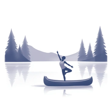 A person is performing yoga poses on a canoe. The individual is balanced on one leg, with the other leg raised, showcasing concentration and flexibility. The canoe is gently floating on the surface of a calm lake, surrounded by tall trees and distant hills. The water reflects the silhouette of the person, adding depth to the scene. The sky above is clear, creating a tranquil atmosphere.
