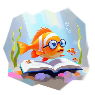 A playful underwater scene featuring a colorful fish with bright scales wearing large round glasses. The fish is floating amidst swaying seaweed, holding an open book in its fins. The book's pages are visible, showcasing illustrations of other marine life. Bubbles are rising around the fish as it reads, creating a whimsical atmosphere. Small, curious fish swim nearby, peeking at the book, while rays of sunlight filter down through the water, illuminating the scene.