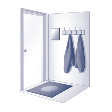 A hallway with clean lines and minimalistic design. It features several hooks mounted on the wall for hanging coats. Beside the hooks, there is a small mirror reflecting the space. A welcoming mat is placed on the floor, inviting guests into the area. The entire scene conveys an organized and tidy atmosphere.