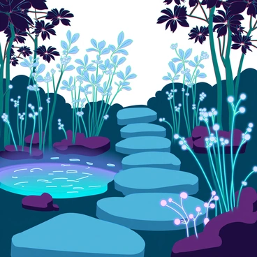A tranquil garden filled with various bioluminescent plants that emit a soft, ethereal glow in the evening light. The plants have luminescent leaves that shimmer in shades of blue and green, illuminating the surrounding area with a gentle radiance. Delicate flowers with radiant petals are scattered throughout the garden, their light creating a magical atmosphere. A winding path made of smooth stones leads through the garden, surrounded by lush greenery. In the background, a small, tranquil pond reflects the glow of the plants, adding to the serene ambiance.
