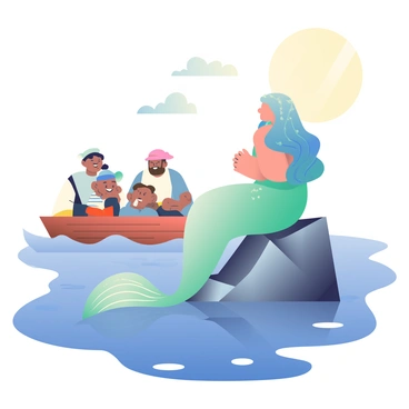 A mermaid with long, flowing blue-green hair is perched on a jagged rock, singing melodiously to a group of sailors in a boat nearby. Her shimmering tail is a blend of iridescent greens and blues, glistening in the soft moonlight. The moon is full and bright, casting silvery reflections on the calm water, illuminating the scene with a gentle glow. The sailors, a mix of men with weathered faces and wide-brimmed hats, gaze in awe at the mermaid, their boat gently rocking on the waves. The surrounding water is a deep indigo, with delicate ripples created by the soft breeze, enhancing the enchanting atmosphere.