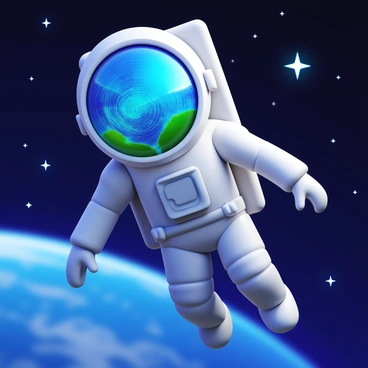 An astronaut in a space suit, floating in the vacuum of space. The astronaut's helmet reflects the colorful panorama of Earth below, showcasing swirling blue oceans and green landmasses. The expression on the astronaut's face conveys a sense of wonder and amazement. Stars glimmer in the dark expanse of space, creating a stunning backdrop to the scene.
