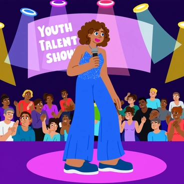 A young singer with curly brown hair stands confidently on stage, gripping a microphone tightly in one hand. She wears a sparkling blue dress that reflects the stage lights. Her face shows intense emotion as she sings a powerful ballad. The audience in front of her is filled with young people, some clapping and others captivated by her performance. Colorful stage lights shine down, creating an energetic atmosphere around her. A large banner behind her reads "Youth Talent Show" in bold letters.