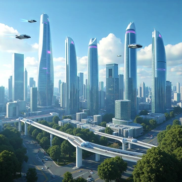 A sprawling futuristic cityscape filled with towering skyscrapers that reach high into the sky. The buildings have sleek, glass facades reflecting sunlight, showcasing a range of architectural styles with vibrant neon accents. Flying cars zip through the air, leaving trails of light behind them as they navigate between the skyscrapers. The sky is a deep blue, dotted with fluffy clouds, and the city is bustling with activity. Bridges connect various levels of the city, and the streets below are lined with greenery and modern pedestrians engaging with technology. The overall scene captures a lively urban environment rich with innovation.