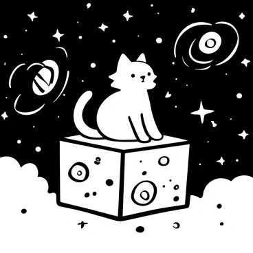 A cat with fluffy fur sitting on top of a giant box, which is floating in a vast expanse filled with stars and galaxies. The stars twinkle in various patterns around the box, creating a sense of depth. The box has intricate designs carved into its surface, adding to its presence in the cosmic landscape. Galaxies swirl in the background, with spiral shapes and clusters of stars. The cat appears calm and alert, surveying its celestial surroundings.