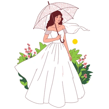 A white-bride dressed in a flowing gown adorned with delicate lace is holding a lace parasol over her head. The parasol casts intricate shadows on her face as she stands gracefully, with a soft breeze gently lifting her veil. In the background, there are hints of green foliage and bright flowers, subtly complementing the scene. The sun shines brightly, enhancing the elegance of the moment.