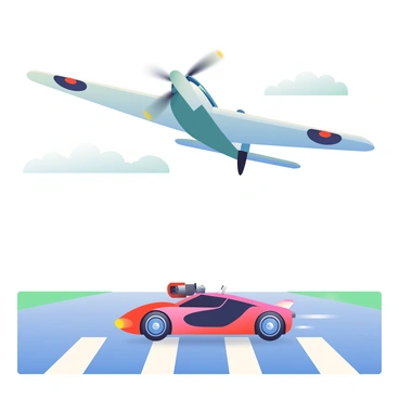 A British Spitfire airplane is soaring through the air, its wings spread wide, showcasing its sleek design and military insignia. Below, a modern sports car with a glossy red finish is positioned on the runway, its aerodynamic shape emphasizing speed. The airplane's propeller is spinning rapidly, creating a dynamic sense of motion, while the sports car is revving its engine, exuding power. The runway stretches into the distance, marked with white lines, and the sky above is clear with a few fluffy clouds, enhancing the feeling of high-speed competition.