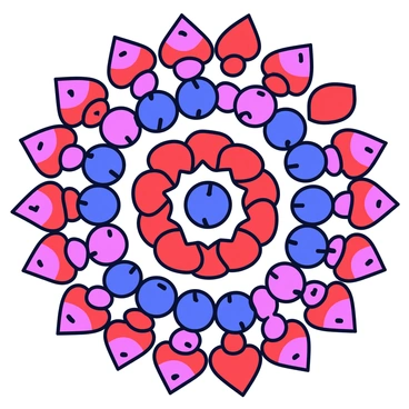 A large mandala design created using assorted berries. The mandala features a circular pattern, with layers of strawberries, blueberries, raspberries, and blackberries arranged symmetrically. Each berry is distinct in color, with vibrant reds, deep blues, and rich purples, creating a visually appealing contrast. The berries are placed on a plain white background, emphasizing the intricate details of the design. The patterns formed by the berries are both harmonious and complex, showcasing a variety of shapes.