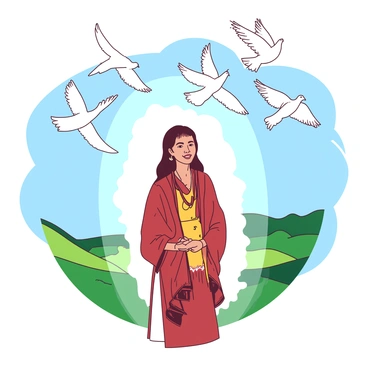 Malala is standing confidently in the center of the image, surrounded by a soft white light that radiates gently around her. She is wearing a traditional outfit with vibrant patterns, her expression is calm and compassionate. Above her, several white doves are flying gracefully in formation, creating a sense of movement and freedom. The background features a landscape filled with rolling green hills and a clear blue sky, emphasizing the theme of peace and harmony. Each dove is distinct, showing their wings outstretched as they glide through the air.