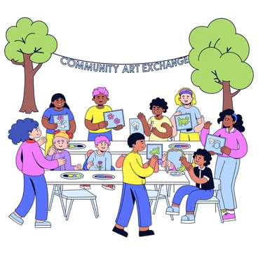 A community event in a park setting with various tables set up for painting. Children and adults are gathered around, each with a small canvas in front of them covered in bright paint. Some children are enthusiastically painting flowers and animals, while adults create abstract designs. A few people exchange their painted canvases, smiling at each other in delight. Colorful paint supplies like brushes and palettes are scattered across the tables. In the background, trees provide shade while a banner reading "Community Art Exchange" hangs across the event area.