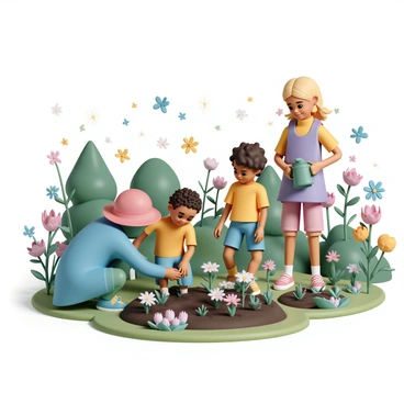 A group of whimsical garden trolls, each with vibrant green skin and colorful clothing, are assisting two children in planting various flowers in a lush and magical garden. One troll, wearing a blue tunic and a red hat, is kneeling beside a child with curly brown hair, showing them how to properly place a seedling in the soil. The child is wearing a yellow shirt and denim shorts, looking up at the troll with curiosity. Another troll, dressed in a purple vest, stands beside a girl with blonde pigtails who is holding a watering can, ready to water the freshly planted flowers. The garden is filled with an abundance of colorful flowers, butterflies fluttering above, and sparkling sunlight filtering through the leaves of nearby trees.