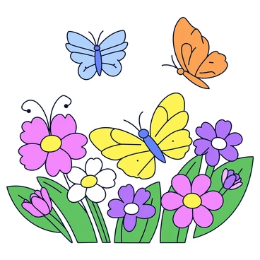 A variety of butterflies in different colors including blue, yellow, and orange are fluttering around vibrant blooming flowers. The flowers showcase shades of pink, purple, and white, creating a lively contrast against the green foliage. The butterflies have delicate wings, each displaying unique patterns. The scene is set in a clear forest glade with soft sunlight filtering through the leaves above.