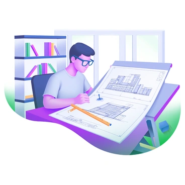 A modern pastel illustration of an architect with glasses, deeply focused as they review detailed blueprints. The architect is seated at a large drafting table, surrounded by various tools including a ruler, compass, and pencils. The blueprints spread out on the table depict intricate building designs. Behind the architect, shelves are lined with architectural books and a large window allows natural light to illuminate the space.