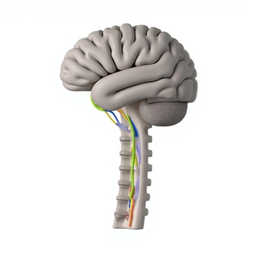 A detailed 3D render of the human nervous system, showcasing the brain and spinal cord. The brain is depicted in shades of gray with intricate textures, situated at the top center of the image. The spinal cord extends downward, with a series of vertebrae visible alongside it. Colorful neural pathways branch out from the brain and spinal cord, illustrating the network of nerves throughout the body. Each nerve is represented in vibrant colors, creating a striking contrast against the neutral tones of the brain and spinal cord. The overall composition emphasizes the complexity and interconnectedness of the nervous system.